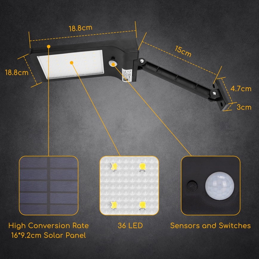 Aigostar - LED Solární pouliční lampa se senzorem LED/2,3W/5,5V 1800 mAh IP65