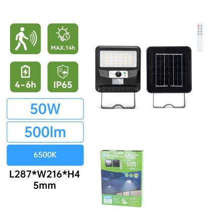 Aigostar - LED Solární pouliční lampa se senzorem LED/50W/3,2V 1000mAh 6500K + dálkové ovládání