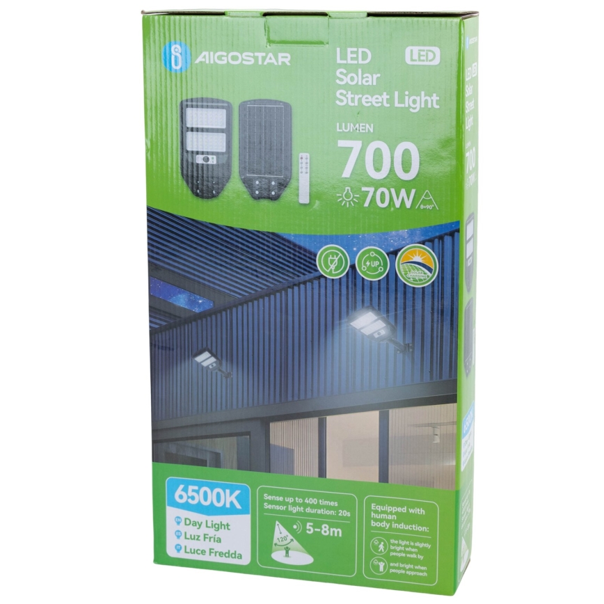 Aigostar - LED Solární pouliční lampa se senzorem LED/70W/3,2V 4000mAh IP65 6500K + dálkové ovládání
