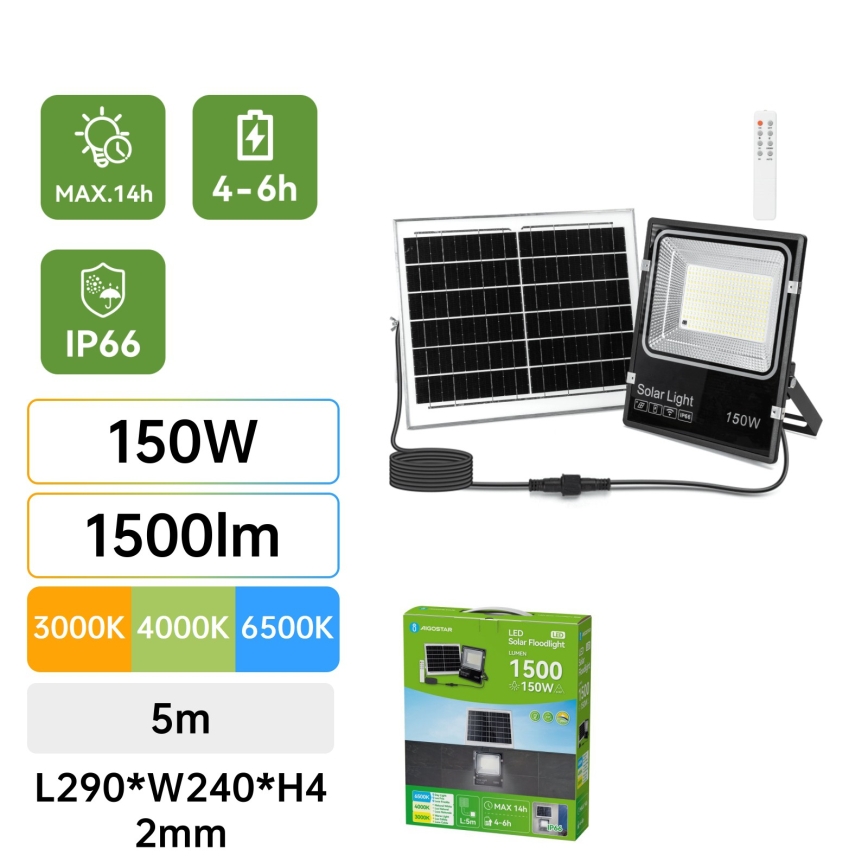 Aigostar - LED Solární reflektor LED/150W/3,2V 3000mAh 3000K/4000K/6500K IP66 + dálkové ovládání