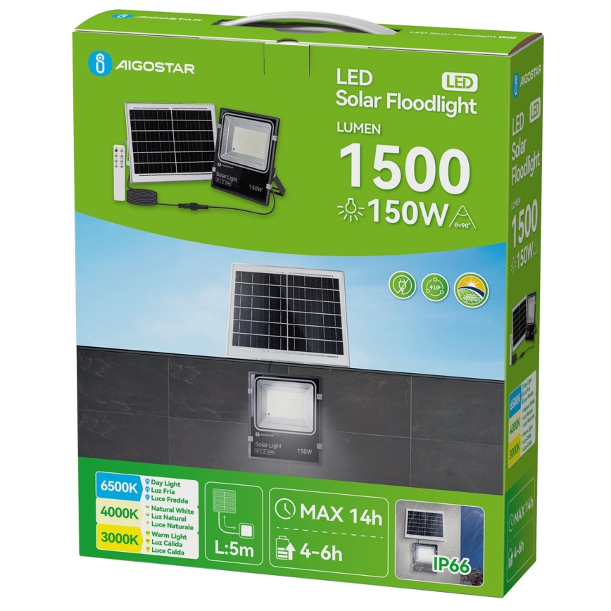 Aigostar - LED Solární reflektor LED/150W/3,2V 3000mAh 3000K/4000K/6500K IP66 + dálkové ovládání