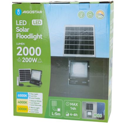 Aigostar - LED Solární reflektor LED/200W/3,2V 3600mAh 3000K/4000K/6500K IP66 + dálkové ovládání