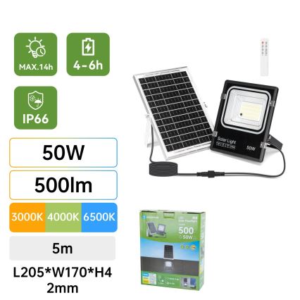 Aigostar - LED Solární reflektor LED/50W/3,2V 1200mAh 3000K/4000K/6500K IP66 + dálkové ovládání