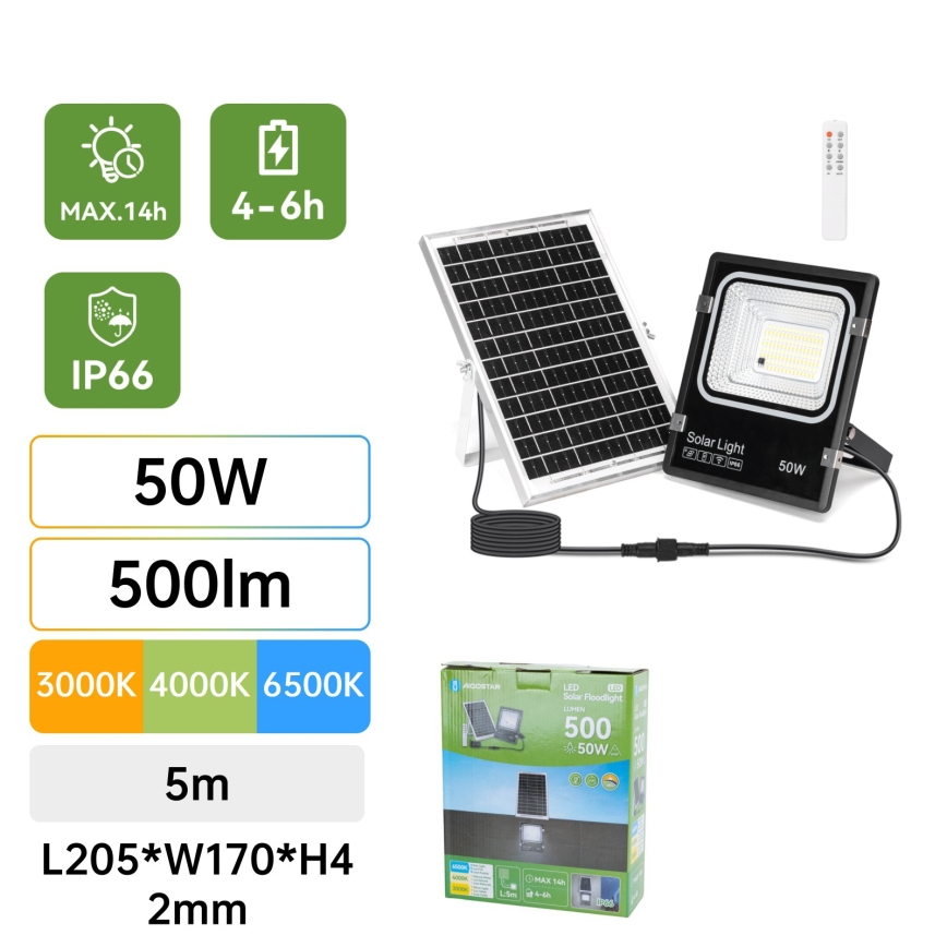 Aigostar - LED Solární reflektor LED/50W/3,2V 1200mAh 3000K/4000K/6500K IP66 + dálkové ovládání