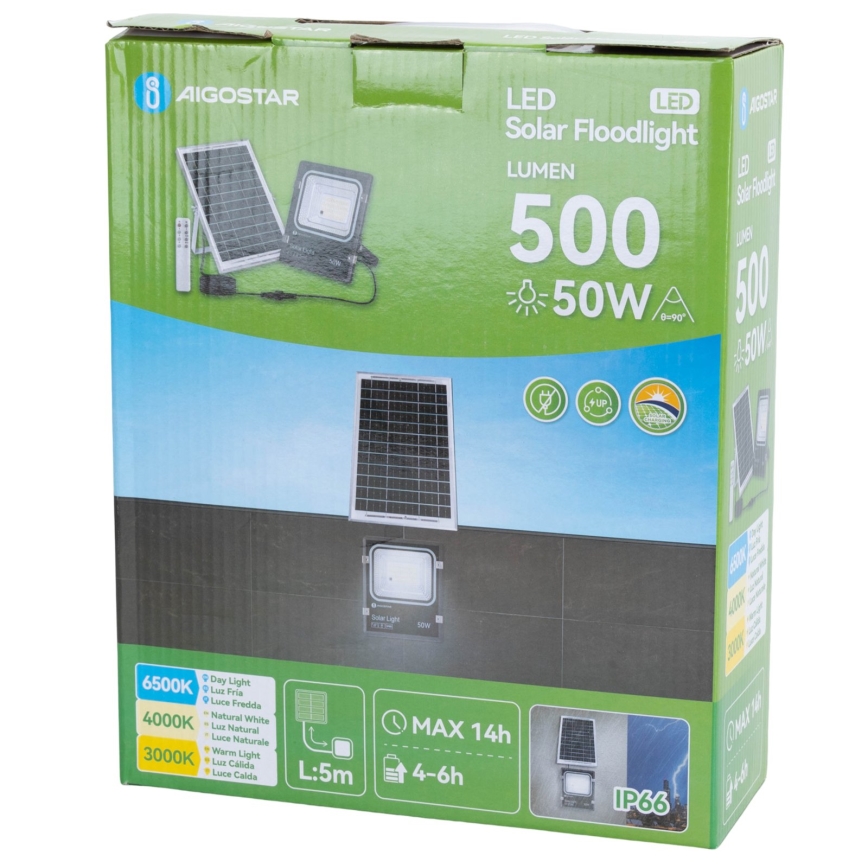 Aigostar - LED Solární reflektor LED/50W/3,2V 1200mAh 3000K/4000K/6500K IP66 + dálkové ovládání