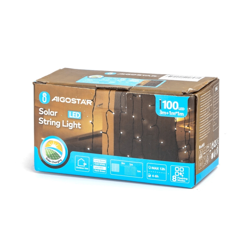 Aigostar - LED Solární  řetěz 100xLED/8 funkcí 4x1m 800 mAh IP65 studená bílá