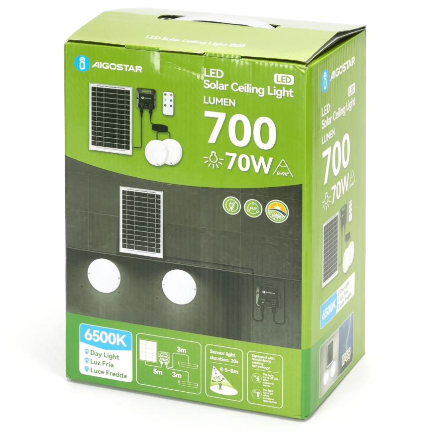 Aigostar - LED Solární stropní svítidlo se senzorem 2xLED/35W/3,7V 6000 mAh IP65 + dálkové ovládání