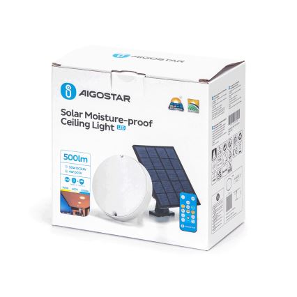 Aigostar - LED Stmívatelné solární stropní svítidlo LED/3,2V 3000K/4000K/6500K IP65 + dálkové ovládání