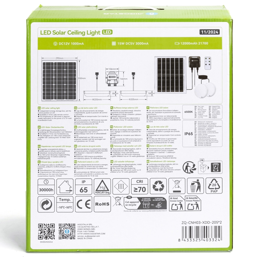 Aigostar - LED Solární svítidlo 2xLED/70W/12V 12000 mAh 6500K pr. 20,5 cm + dálkové ovládání