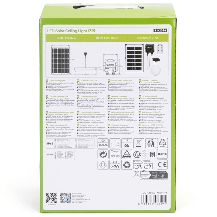 Aigostar - LED Solární svítidlo LED/35W/12V 3000 mAh 6500K pr. 16,8 cm + dálkové ovládání