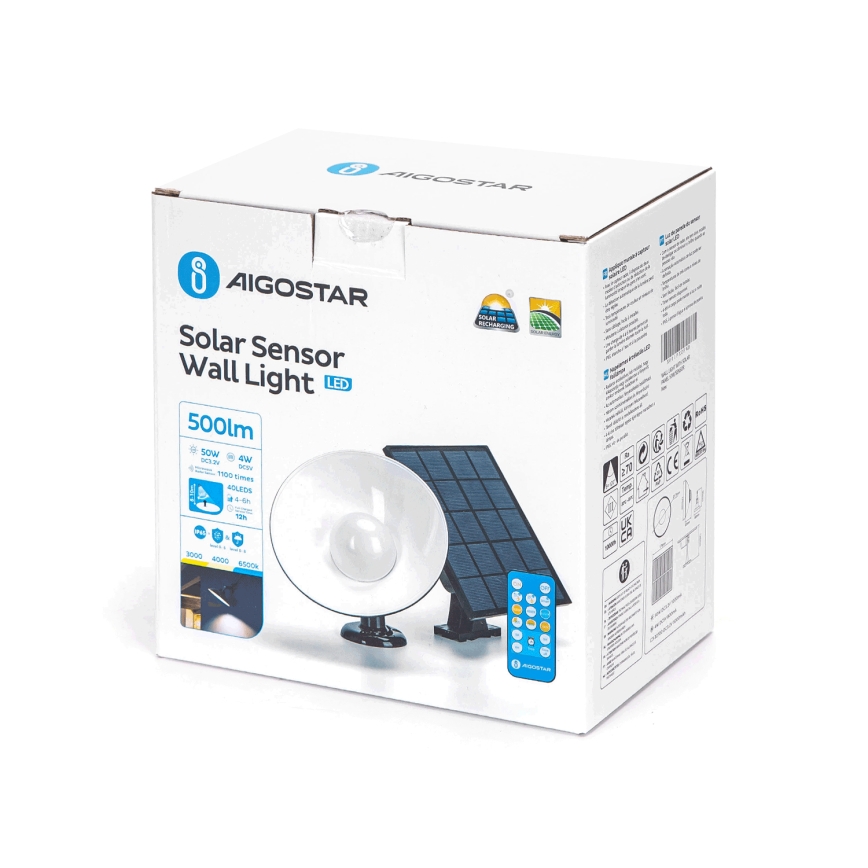 Aigostar - LED Solární svítidlo se senzorem LED/3,2V 3000K/4000K/6500K IP65 5000 mAh dálkové ovládání