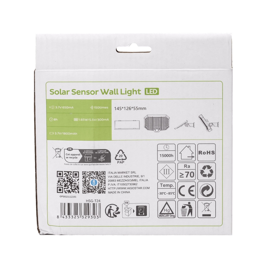 Aigostar - LED Solární svítidlo se senzorem pohybu LED/2,4W/3,7V IP65