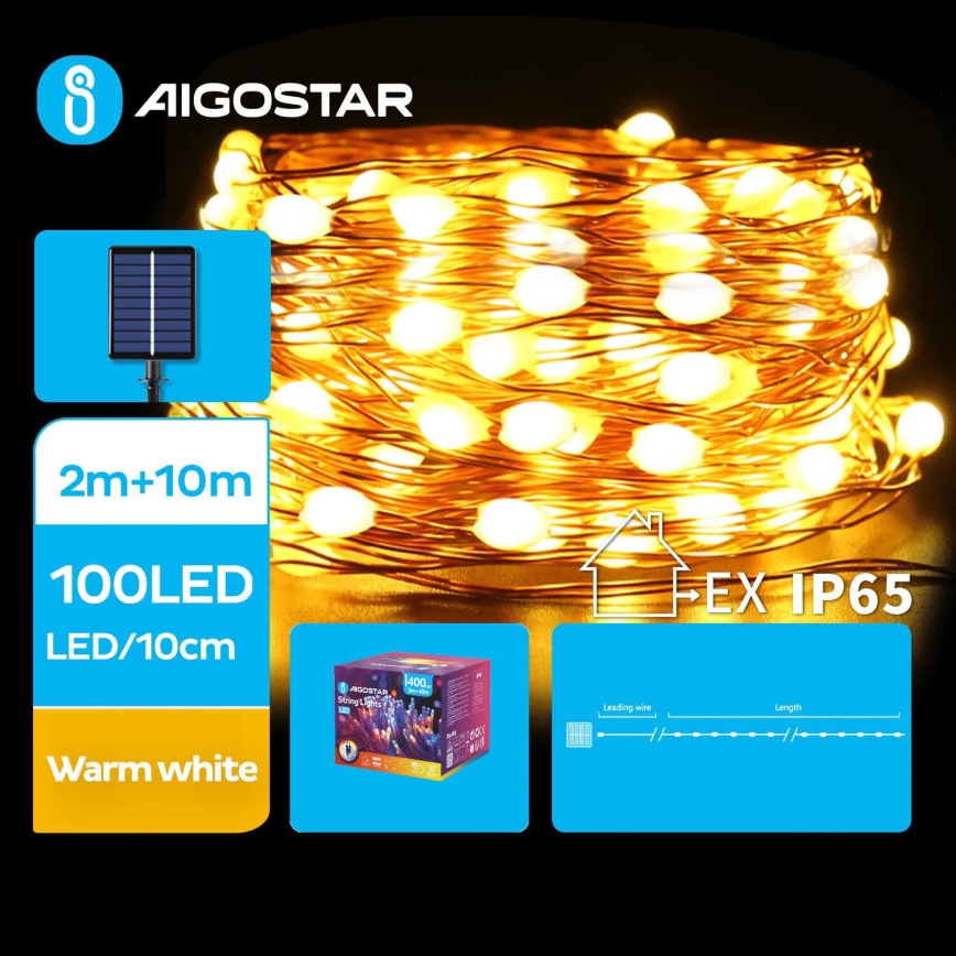 Aigostar - LED Solární vánoční řetěz 100xLED/8 funkcí 12m 800 mAh IP65 teplá bílá