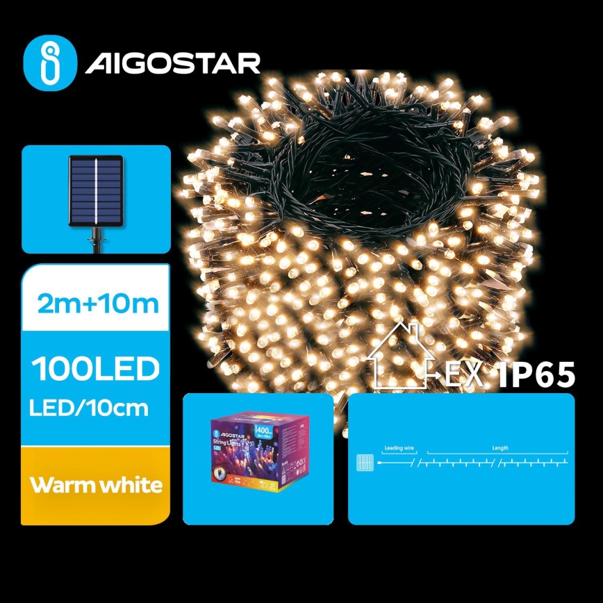Aigostar - LED Solární vánoční řetěz 100xLED/8 funkcí 12m IP65 teplá bílá 800 mAh