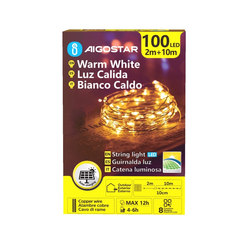 Aigostar - LED Solární vánoční řetěz 100xLED/8 funkcí 12m 800 mAh IP65 teplá bílá