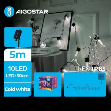 Aigostar - LED Solární vánoční řetěz 10xLED/8 funkcí 6,5m 500 mAh IP65 studená bílá