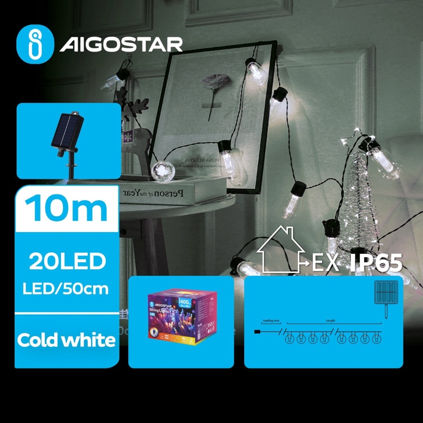 Aigostar - LED Solární vánoční řetěz 20xLED/8 funkcí 11,5m 1200 mAh IP65 studená bílá