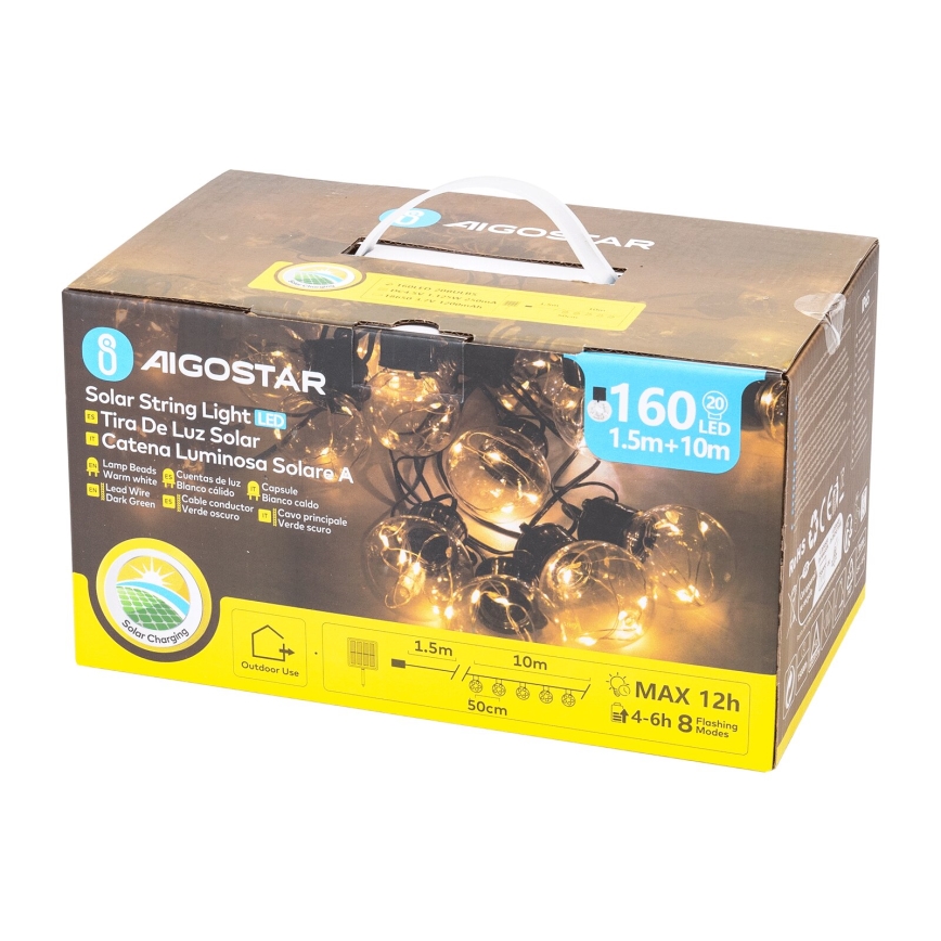 Aigostar - LED Solární vánoční řetěz 20xLED/8 funkcí 11,5m IP65 teplá bílá