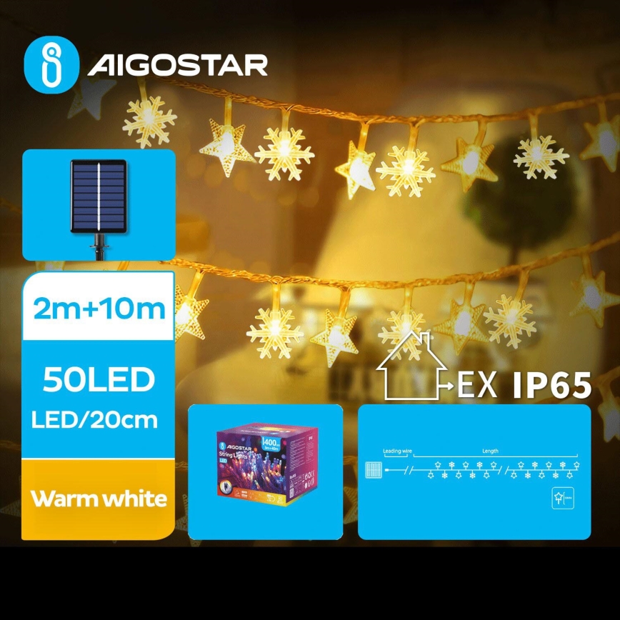 Aigostar - LED Solární vánoční řetěz 50xLED/8 funkcí 12m 800mAh IP65 teplá bílá
