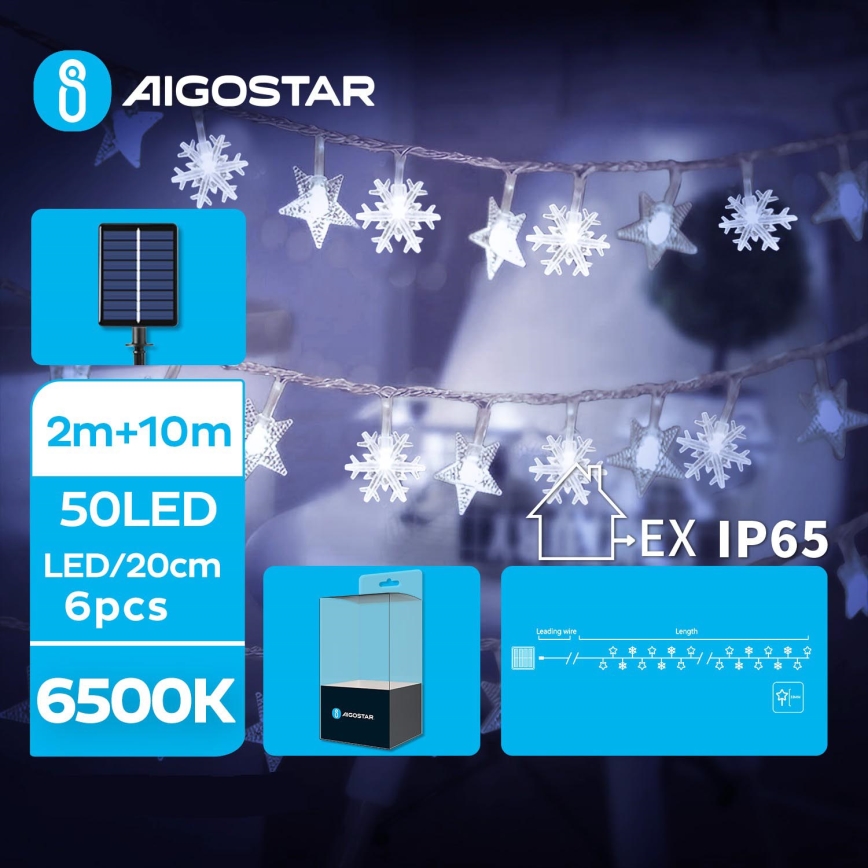 Aigostar - LED Solární vánoční řetěz 50xLED/8 funkcí 12m IP65 800 mAh studená bílá