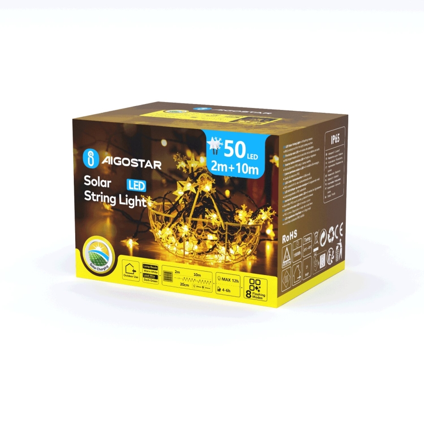 Aigostar - LED Solární vánoční řetěz 50xLED/8 funkcí 12m 800mAh IP65 teplá bílá