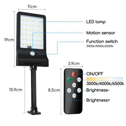 Aigostar - LED Stmívatelná solární lampa se senzorem LED/2,3W/5,5V IP65 + dálkové ovládání