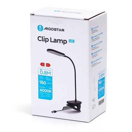 Aigostar - LED Stmívatelná stolní lampa s klipem LED/2,5W/5V černá