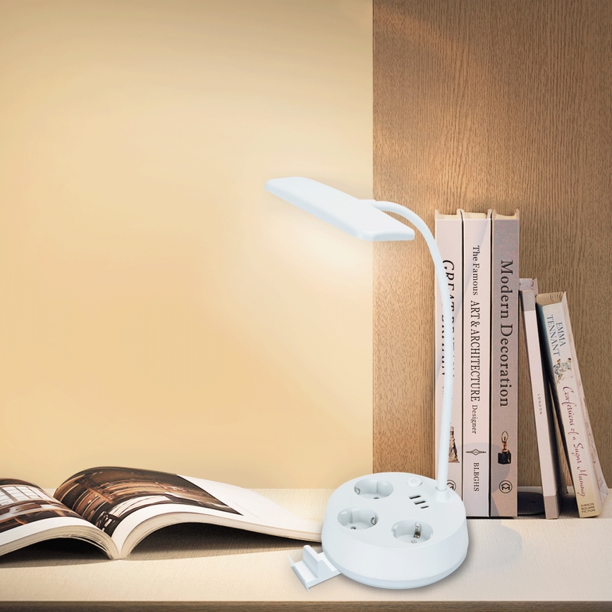 Aigostar - LED Stmívatelná stolní lampa se zásuvkami a USB LED/4,6W/230V 3000/4000/6500K bílá