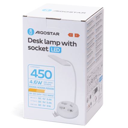 Aigostar - LED Stmívatelná stolní lampa se zásuvkami a USB LED/4,6W/230V 3000/4000/6500K bílá