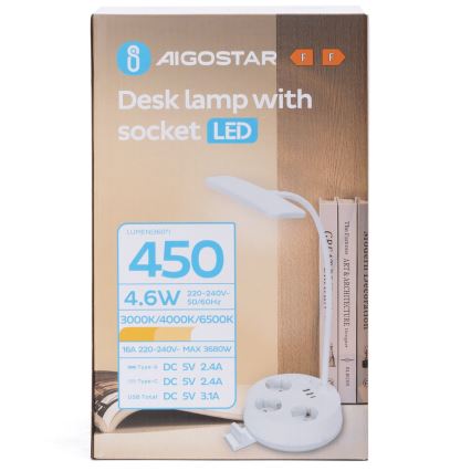 Aigostar - LED Stmívatelná stolní lampa se zásuvkami a USB LED/4,6W/230V 3000/4000/6500K bílá