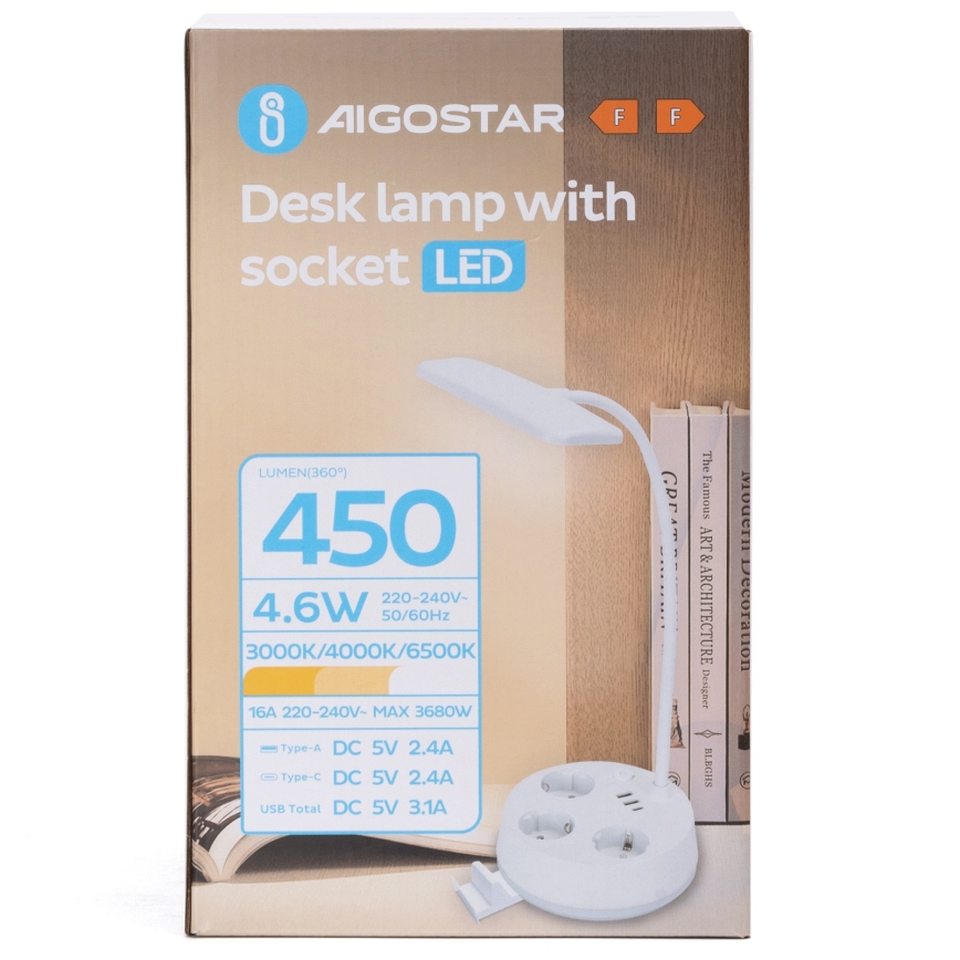 Aigostar - LED Stmívatelná stolní lampa se zásuvkami a USB LED/4,6W/230V 3000/4000/6500K bílá