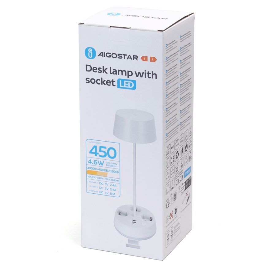 Aigostar - LED Stmívatelná stolní lampa se zásuvkami a USB LED/4,6W/230V 3000/4000/6500K bílá