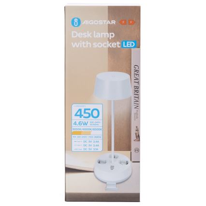 Aigostar - LED Stmívatelná stolní lampa se zásuvkami a USB LED/4,6W/230V 3000/4000/6500K bílá