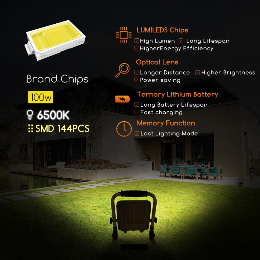 Aigostar - LED Stmívatelný nabíjecí reflektor LED/100W/5V 6500K IP65 1500mAh