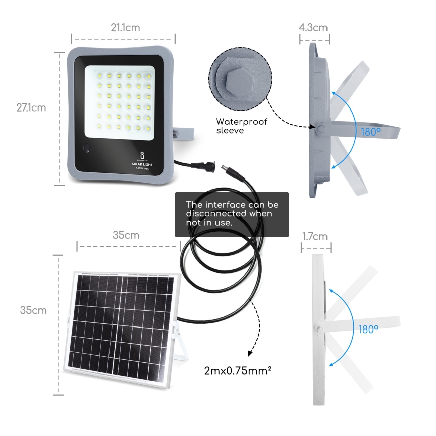 Aigostar - LED Stmívatelný solární reflektor LED/100W/3,2V IP65 10000 mAh + DO