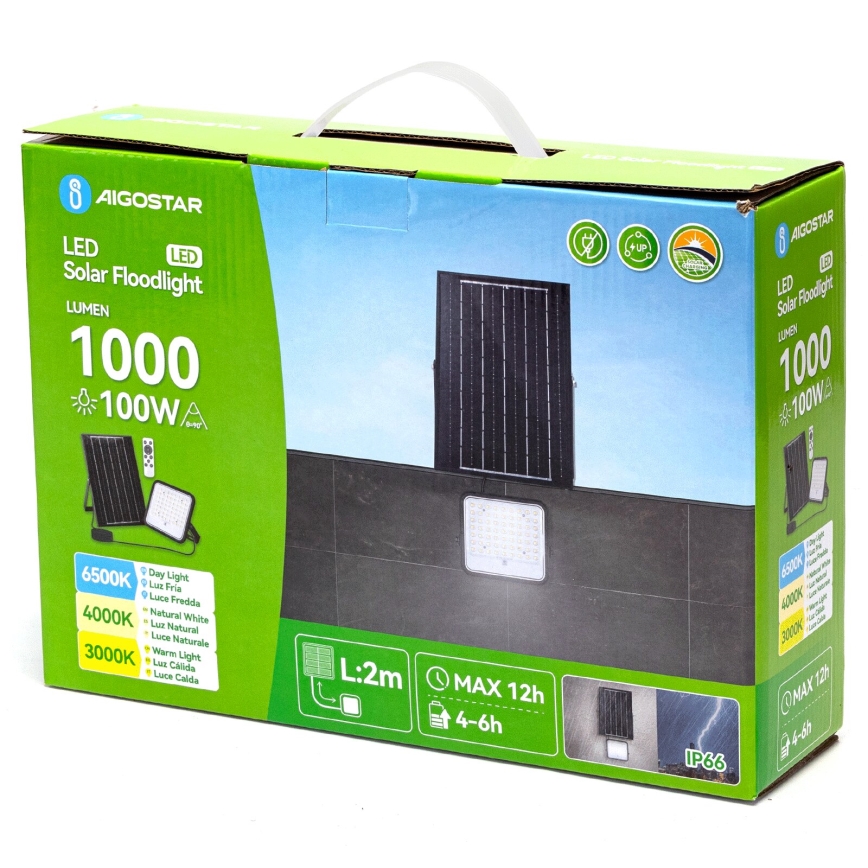 Aigostar - LED Stmívatelný solární reflektor LED/100W/3,4V 3000/4000/6500K IP66 + dálkové ovládání