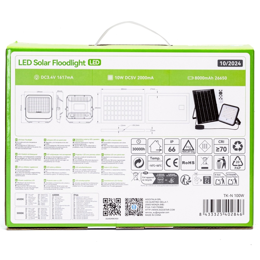 Aigostar - LED Stmívatelný solární reflektor LED/100W/3,4V 3000/4000/6500K IP66 + dálkové ovládání