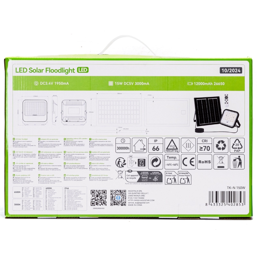 Aigostar - LED Stmívatelný solární reflektor LED/150W/3,4V 3000/4000/6500K IP66 + dálkové ovládání