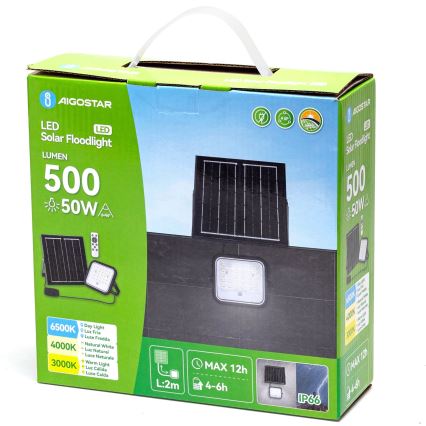 Aigostar - LED Stmívatelný solární reflektor LED/50W/3,4V 3000/4000/6500K IP66 4000 mAh + dálkové ovládání