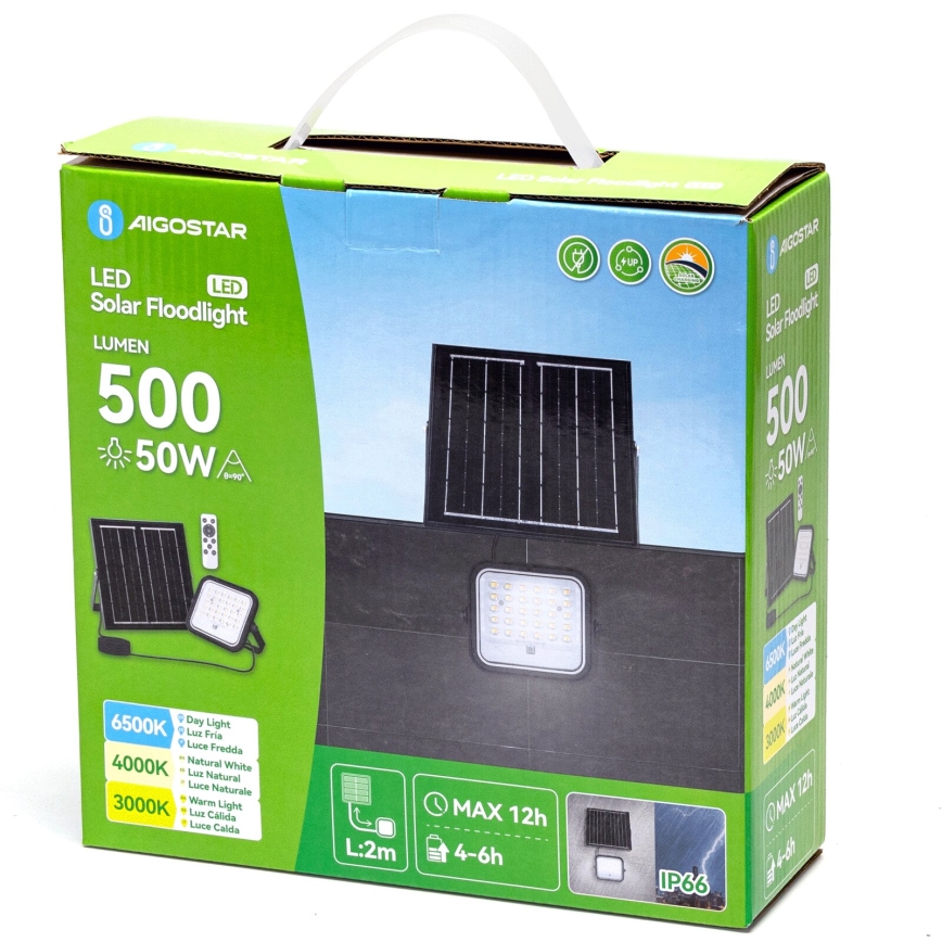 Aigostar - LED Stmívatelný solární reflektor LED/50W/3,4V 3000/4000/6500K IP66 4000 mAh + dálkové ovládání