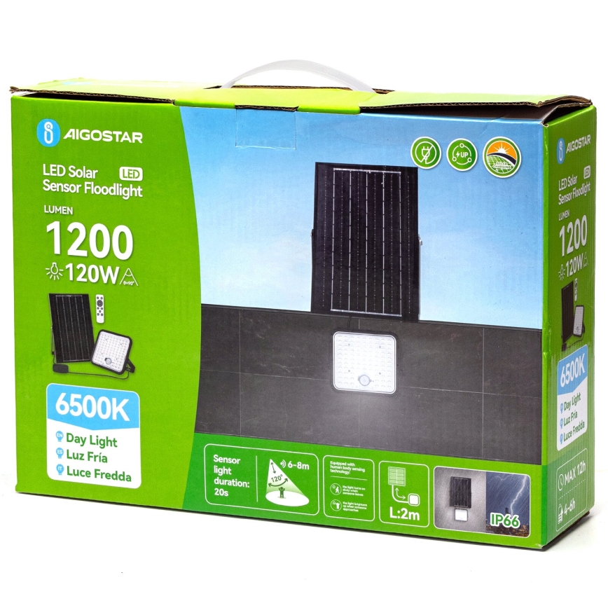 Aigostar - LED Stmívatelný solární reflektor se senzorem LED/120W/3,4V 6500K IP66 8000 mAh + dálkové ovládání