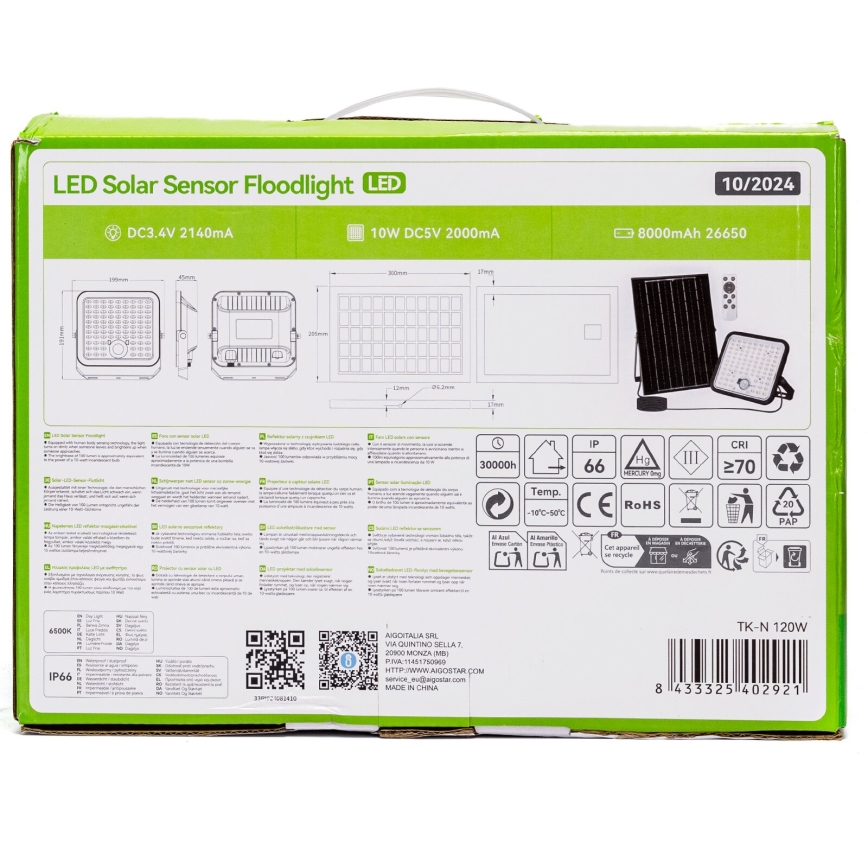 Aigostar - LED Stmívatelný solární reflektor se senzorem LED/120W/3,4V 6500K IP66 8000 mAh + dálkové ovládání