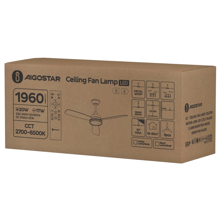 Aigostar - LED Stmívatelný stropní ventilátor LED/20W/230V 2700-6500K 132cm bílá/béžová + dálkové ovládání