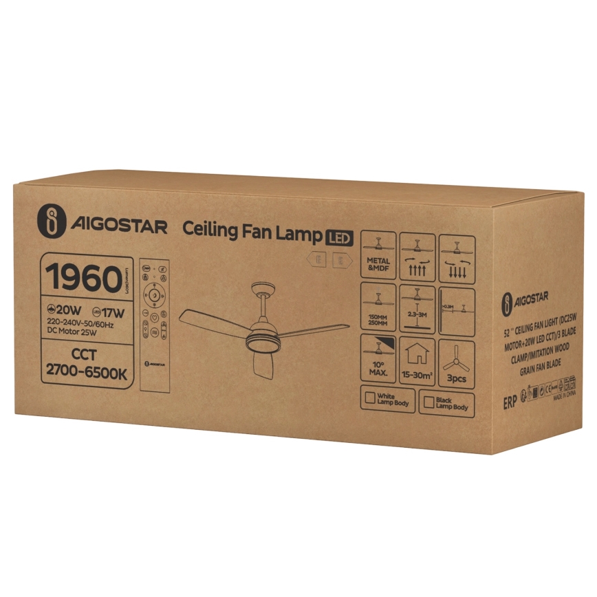 Aigostar - LED Stmívatelný stropní ventilátor LED/20W/230V 2700-6500K 132cm hnědá + dálkové ovládání