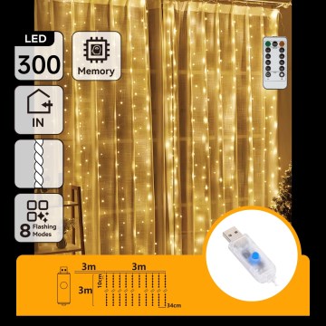 Aigostar - LED Stmívatelný vánoční řetěz 300xLED/8 funkcí USB 6x3m teplá bílá + dálkové ovládání