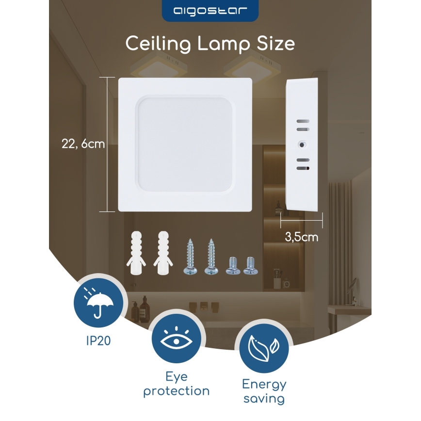Aigostar - LED Stropní přisazené svítidlo LED/18W/230V 3000K 22,6x22,6 cm bílá