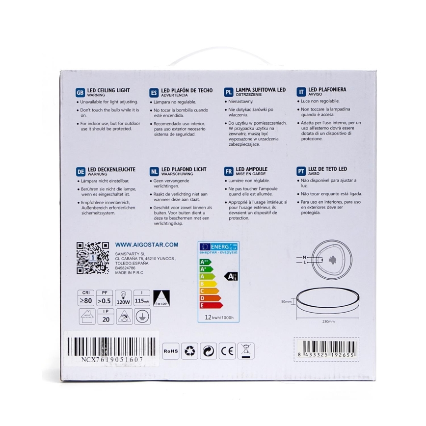 Aigostar - LED Stropní svítidlo LED/12W/230V 4000K pr. 23 cm černá