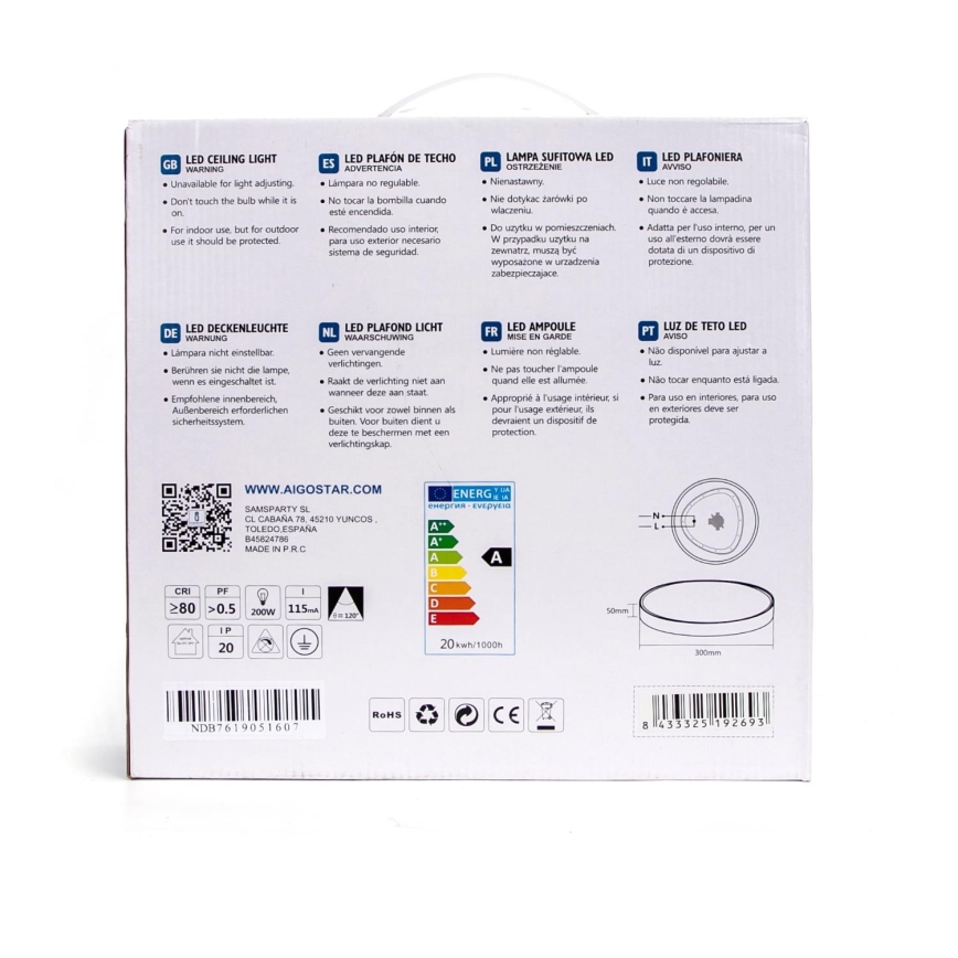 Aigostar - LED Stropní svítidlo LED/20W/230V 3000K pr. 30 cm šedá