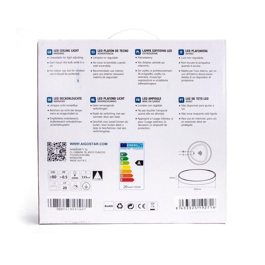 Aigostar - LED Stropní svítidlo LED/20W/230V 4000K pr. 30 cm šedá