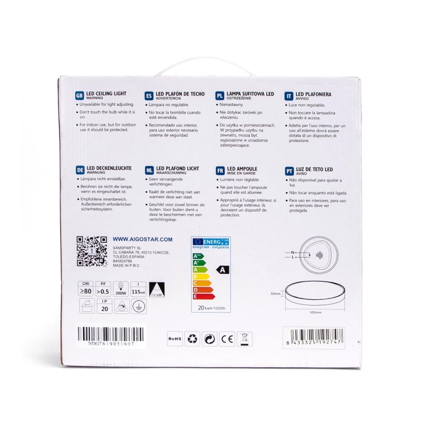 Aigostar - LED Stropní svítidlo LED/20W/230V 6500K pr. 30 cm bílá